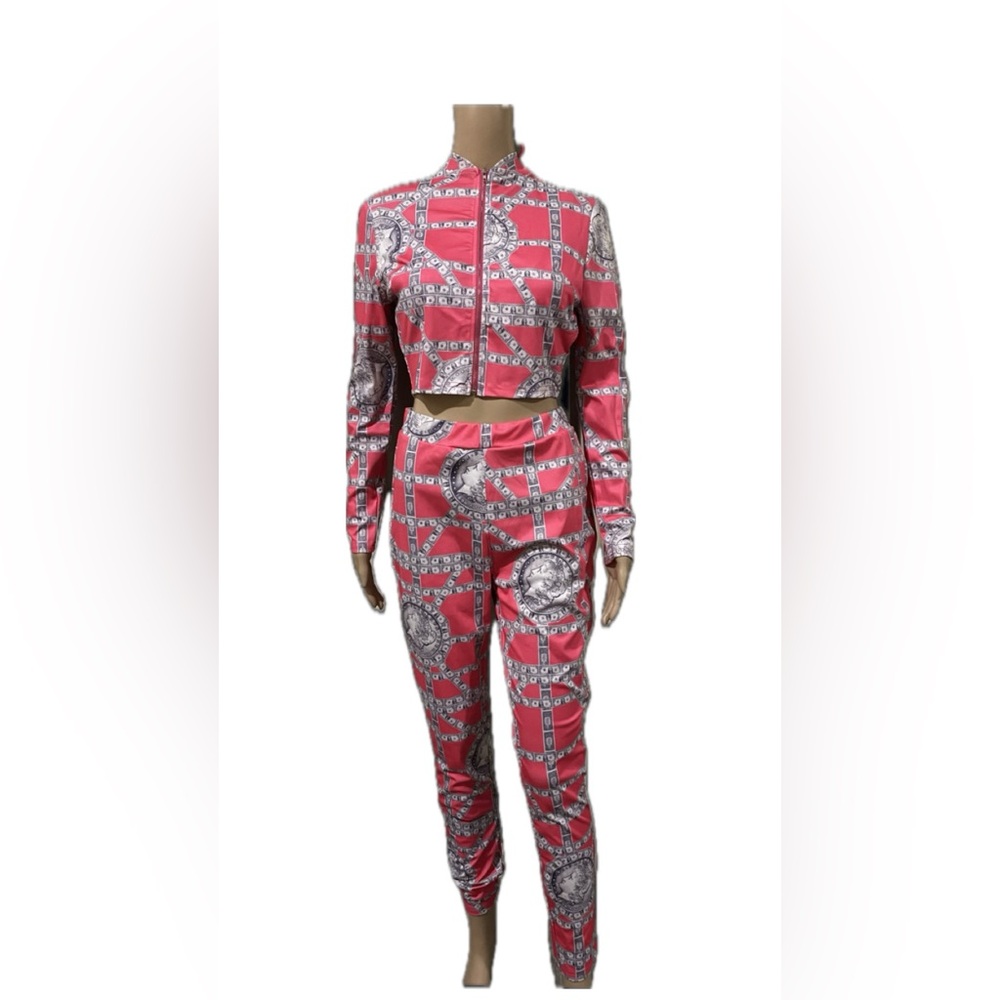 Pink and Grey Money Patterned Three-Piece Leggings Set - Picture 2 of 4